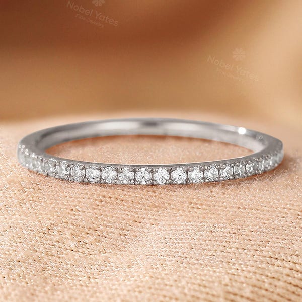 18K roségouden natuurlijke diamanten trouwring, sierlijke rechte trouwring, bruids halve eeuwigheid diamanten ring, stapelbare bijpassende beloftering