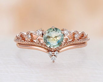 Vintage Natural Green Sapphire engagement ring set Art deco Rose gold wedding ring Round cut Diamond curved band Bridal set Anniversary