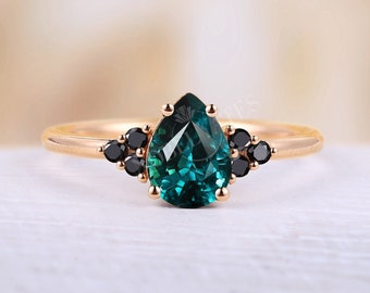 Vintage Teal Sapphire engagement ring Pear shaped rose gold band unique natural black diamond cluster tear drop ring Anniversary ring