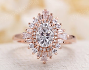 Vintage moissanite engagement ring rose gold diamond halo Oval moissanite ring Art deco baguette CZ Unique antique Anniversary Promise