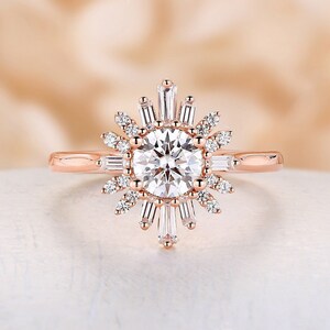 Art deco Round cut moissanite engagement ring Vintage baguette cut cz halo ring rose gold bridal ring unique Gatsby anniversary promise ring