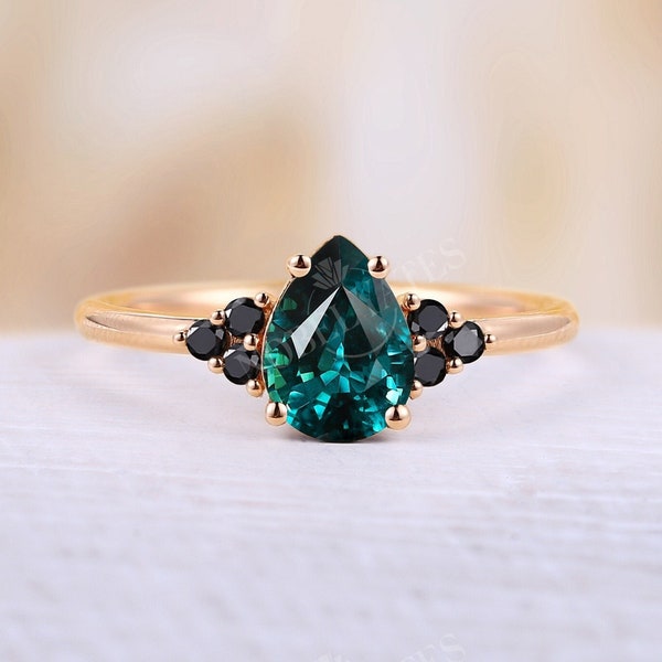 Vintage Teal Sapphire engagement ring Pear shaped rose gold band unique natural black diamond cluster tear drop ring Anniversary ring