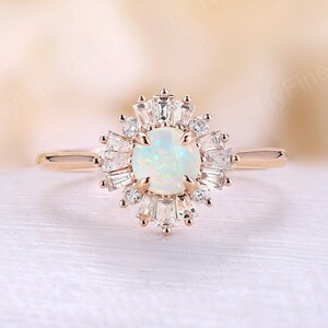 Vintage opal engagement ring rose gold ring round cut natural opal baguette diamond CZ halo prong wedding ring Art deco Anniversary ring