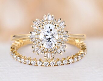 Vintage moissanite engagement ring set oval cut Art deco Baguette cut diamond CZ halo bridal set yellow gold Anniversary Promise ring set