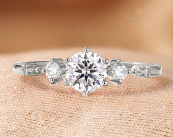 Vintage Natural Diamond Engagement Ring: 18K White Gold Wedding Ring, Promise Anniversary Jewelry