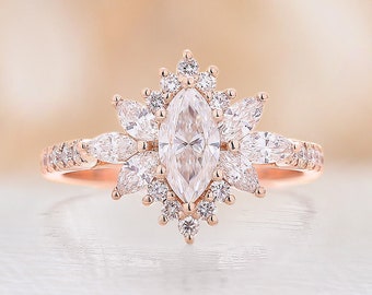 Vintage Marquise cut Moissanite engagement ring rose gold ring art deco diamond halo ring Unique moissanite ring Anniversary promise ring
