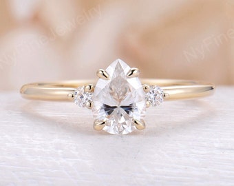 Pear cut moissanite engagement ring vintage yellow gold ring antique three stones diamond Art deco Unique ring Bridal prong Anniversary ring