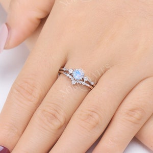 5mm Moonstone engagement ring set white gold vintage engagement ring unique Diamond prong ring wedding Bridal set Anniversary promise ring