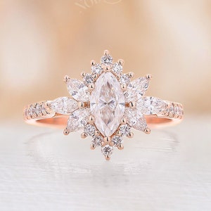 Vintage Marquise cut Moissanite engagement ring rose gold ring art deco diamond halo ring Unique moissanite ring Anniversary promise ring