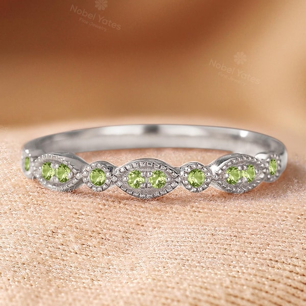 Vintage wedding band peridot ring rose gold band Art deco Half eternity band milgrain Stacking matching band Promise anniversary