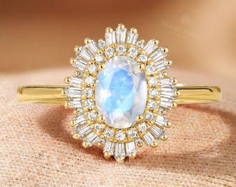 Vintage moonstone engagement ring oval cut blue moonstone wedding ring yellow gold unique diamond halo ring Anniversary promise ring