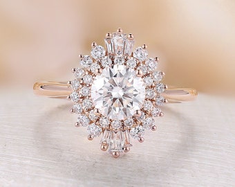 Moissanite engagement ring vintage rose gold ring Art deco baguette diamond/CZ double halo Wedding prong Bridal promise Anniversary ring