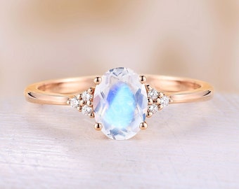 Vintage Moonstone engagement ring rose gold oval moonstone ring art deco diamond cluster ring wedding Bridal ring Anniversary promise ring