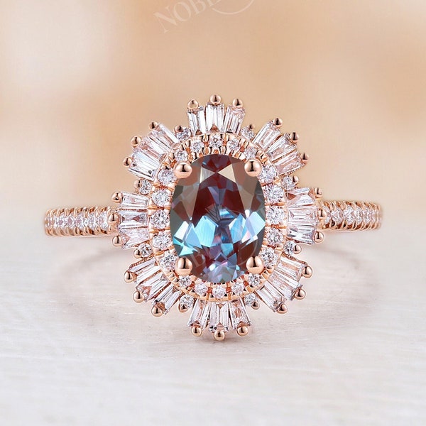 Vintage Alexandrite engagement ring 14k rose gold Diamond/CZ halo ring Art deco ring half eternity Unique Anniversary ring Promise ring