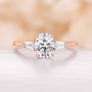 Oval shape moissanite engagement ring rose gold ring vintage tapered baguette cut ring unique three stone ring anniversary promise ring
