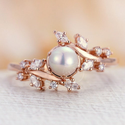 Akoya Pearl Engagement Ring Diamond Cluster Ring Unique Prong - Etsy