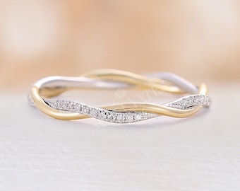 Classic Twisted 18K Gold Two Tones Wedding Band, Pave Natural Diamond Ring, Infinity Stackable Matching Rings, Delicate Moissanite Ring