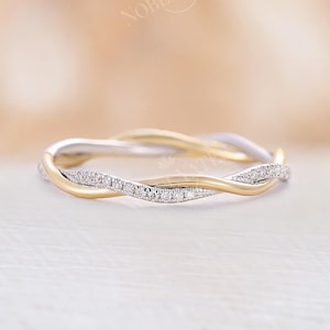 Classic Twisted 18K Gold Two Tones Wedding Band, Pave Natural Diamond Ring, Infinity Stackable Matching Rings, Delicate Moissanite Ring