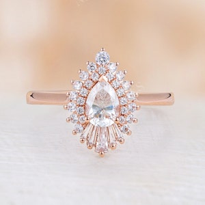 Art deco Pear Moissanite engagement ring vintage rose gold ring baguette diamond halo Antique Unique bridal ring Anniversary Promise