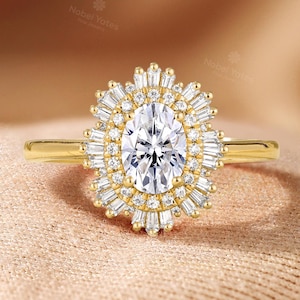 Art Deco Oval Moissanite Engagement Ring in 18K White Gold | Baguette Diamond Halo Ring | Custom Gemstone Ring Gifts For Her | Proposal Ring