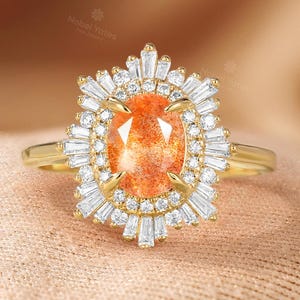 African Sunstone Engagement Ring, Double Halo CZ Ring, 18K Rose Gold Ring, Art Deco Tibetan Sunstone Ring, Custom Gemstone Rings for Women image 1