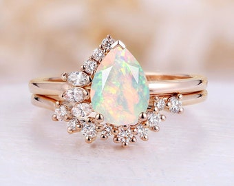 Vintage Pear cut Faceted Opal Engagement Ring set Art deco Rose Gold band Antique Diamond half halo ring Bridal set Wedding Anniversary ring