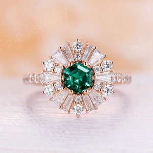 Art deco Hexagon cut Lab Emerald engagement ring rose gold Vintage diamond halo wedding ring Unique half eternity Bridal Anniversary ring