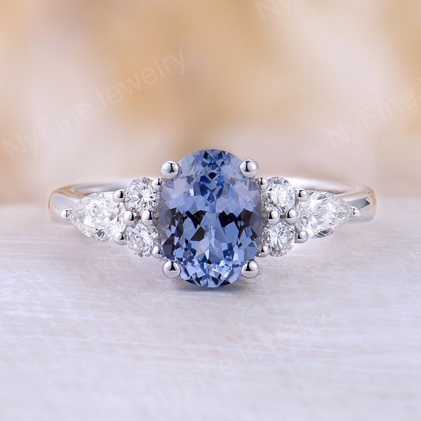 Vintage Oval cut Sapphire Engagement Ring Lab Light Sapphire Art Deco Ring cluster ring White Gold Band Anniversary ring Promise Ring