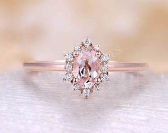 Antique Pink Morganite engagement ring Rose Gold band vintage Oval cut wedding ring Unique Dainty diamond halo ring Bridal ring Anniversary