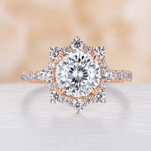 Vintage Portuguese Cut Moissanite Engagement Ring with Halo, 14K Rose Gold Wedding Bridal Ring, Custom Gemstone Anniversary Ring for Women