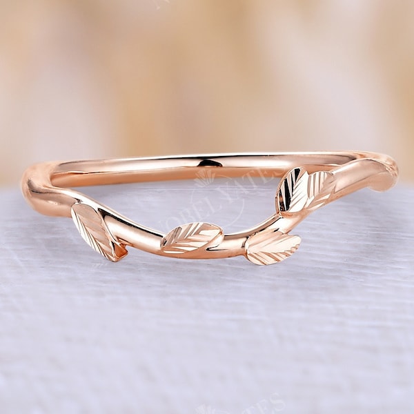 Leaf-design Plain Gold Curved Wedding Band, Custom Stackable Matching Ring by NyFineJewelry