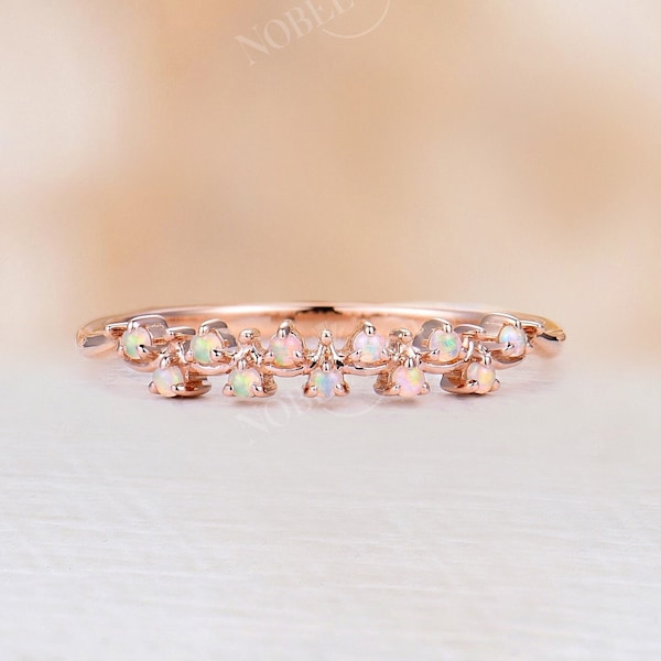 Vintage opal wedding band 14k rose gold band ring Cluster eternity band Unique natural opal ring Promise ring Anniversary ring