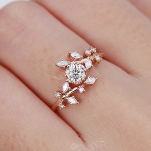 Rose gold moissanite engagement ring vintage Diamond Cluster ring prong unique leaf style wedding Bridal ring Promise Anniversary ring D VVS1 Diamond