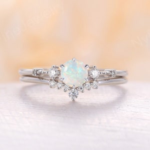 Art deco natural opal engagement ring set vintage round shape white gold diamond ring matching wedding band bridal set anniversary ring