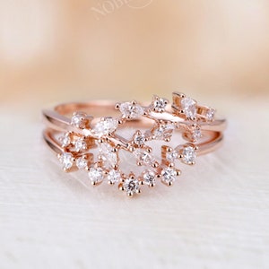 Rose gold engagement ring set Curved wedding Diamond Cluster ring Unique engagement ring leaf design Promise Bridal Anniversary ring