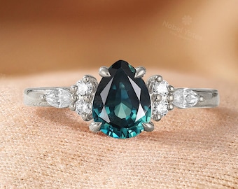 Pear Teal Sapphire Engagement Ring with Cluster Marquise Diamond | Rose Gold Wedding Ring Blue Green Sapphire Ring Elegant Ring Fine Jewelry