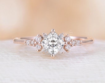 Prinses geslepen moissanite verlovingsring roségouden band Art deco bruiloft bruidsring Unieke clusterring diamanten ring Verjaardagsbelofte