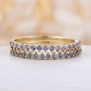 Alexandrite wedding band Tanzanite Wedding Ring art deco half eternity band stacking Solid yellow gold dainty matching anniversary ring