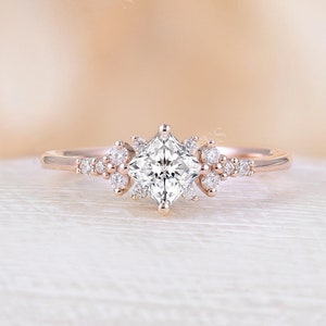 Princess cut moissanite engagement ring rose gold band Art deco wedding bridal ring Unique cluster ring diamond ring Anniversary Promise