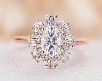 Vintage Moissanite engagement ring art deco starburst ring solid rose Gold ring CZ diamond ring baguette cut ring Oval cut prong set ring