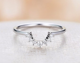 Curved Wedding Band U shaped vintage art deco White gold Moissanite diamond Ring Bridal stacking matching band Promise Anniversary ring