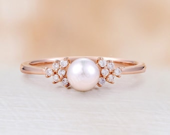 Akoya Pearl engagement ring rose gold Diamond Cluster engagement ring wedding pearl ring Bridal ring Unique delicate Anniversary ring