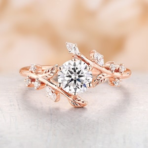 Moissanite leaf design Engagement ring Vintage Rose gold bridal ring Unique Marquise Diamond Nature inspired ring anniversary promise ring
