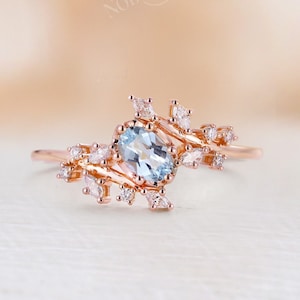 Custom Natural Aquamarine Engagement Ring, Nature Inspired Leaf design Diamond Cluster Ring, Rose Gold Bridal Ring, Wedding Anniversary Ring