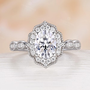 Oval Lab Grown Diamond Engagement Ring, Half Eternity Wedding Ring, Vintage White Gold Ring, Antique Milgrain Bridal Ring, Rings for Women