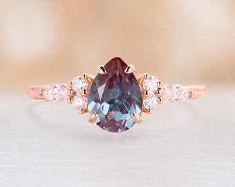 Pear cut Alexandrite engagement ring Rose Gold ring unique vintage Moissanite/diamond cluster Unique Bridal ring Promise Anniversary