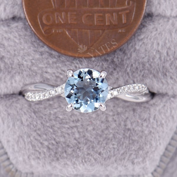 Antique Aquamarine Engagement Ring white gold Unique prong Ring Vintage Diamond pave Wedding Twisted Bridal Anniversary Promise ring