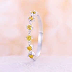 Delicate Yellow Diamond straight wedding band Half eternity band Thin dainty art deco Promise Stacking Unique Anniversary promise ring