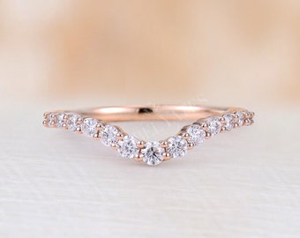 Curved Moissanite wedding band Rose gold Diamond ring Art deco Unique chevron bridal Anniversary prong ring Matching band Stacking ring