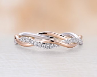 Infinity wedding band moissanite full eternity two tones diamond unique band twisted delicate antique matching band bridal dainty ring